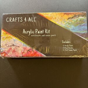 Crafts 4 All Acrylic Paint Kit 12 Paints 12 Brushes & 4 Canvas Panels NIB